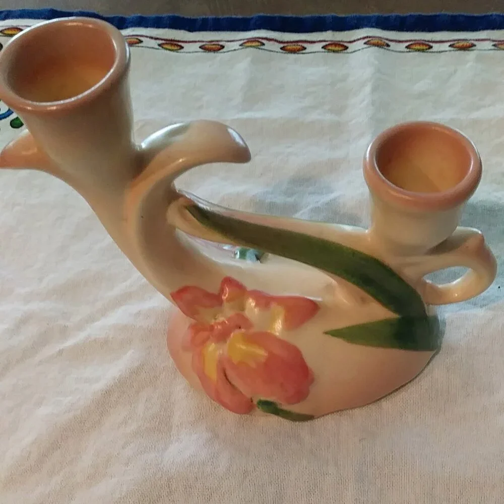 Vintage 1930s Camark Pottery Twin Candle Holder – Pink Iris Floral Art Deco US